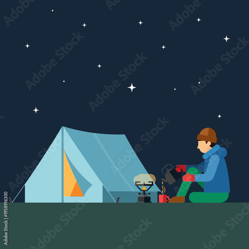 Cozy Nighttime Campfire Scene With A Person Making A Warm Beverage Under Starry Skies