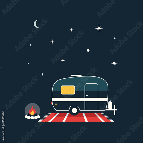 Cozy Nighttime Camping Scene With Camper And Bonfire Under Starry Sky