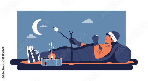 Cozy Nighttime Camping Scene With Marshmallow Roasting Under Moonlit Sky
