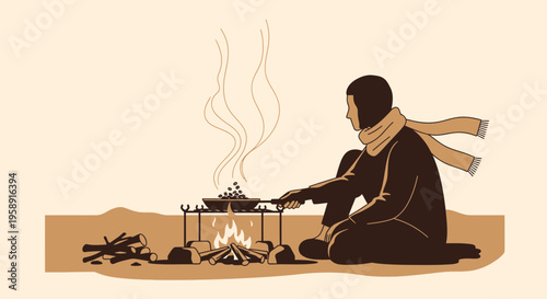 Cozy Outdoor Cooking Moment With A Person Roasting Beans Over An Open Fire