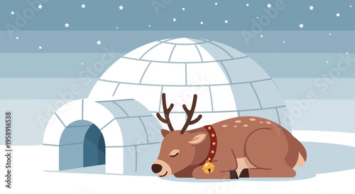 Cozy Reindeer Rests Beside Igloo Under Starry Winter Sky