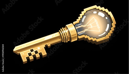 Creative Solution Concept Key with Lightbulb Pixel Art Illustration