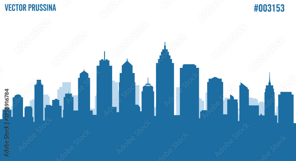 Fototapeta premium Blue cityscape silhouette with modern urban buildings