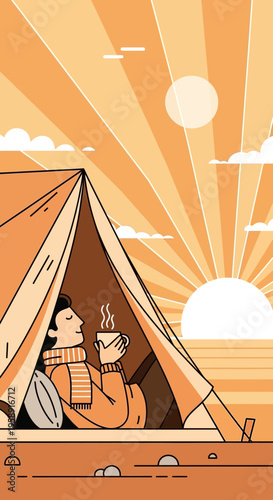 Cozy Tent Morning Sunrise Enjoying Warm Beverage Outdoor Adventure Vibe