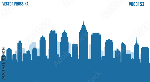 Blue cityscape silhouette with modern urban buildings