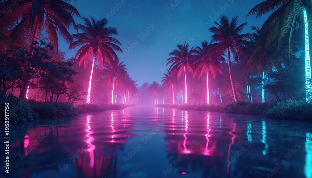 Obraz premium Neon lit palm trees line calm river reflecting vibrant pink and blue lights. Starry night sky glows over lush tropical jungle landscape. Ethereal surreal atmosphere.