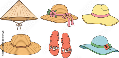 Summer Beach Accessories Collection Featuring Straw Hats, Floral Sun Hats, Flip Flops, and Traditional Conical Hat for Vacation Fashion Vector Illustration Set