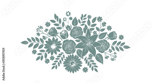 Green floral arrangement with leaves flowers.
