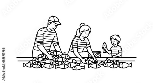 Fisherman Family Working Together Sorting Fresh Catch of Fish Vector Illustration Design Element