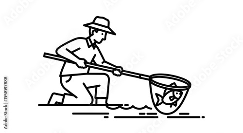 Fisherman Catching a Fish with a Hand Net Minimalist Line Art Illustration Vector