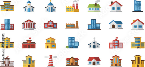 City Building Icon Collection Featuring Houses, Schools, Churches, Factories, and Modern Urban Architecture for Map Design, Real Estate, and Infrastructure Vector Set