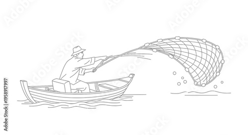 Traditional Fisherman Casting a Cast Net from a Wooden Boat Line Art Vector Illustration