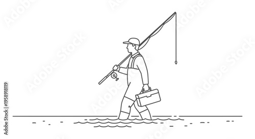 Fisherman Carrying Fishing Rod and Tackle Box Walking Through Water Vector Illustration