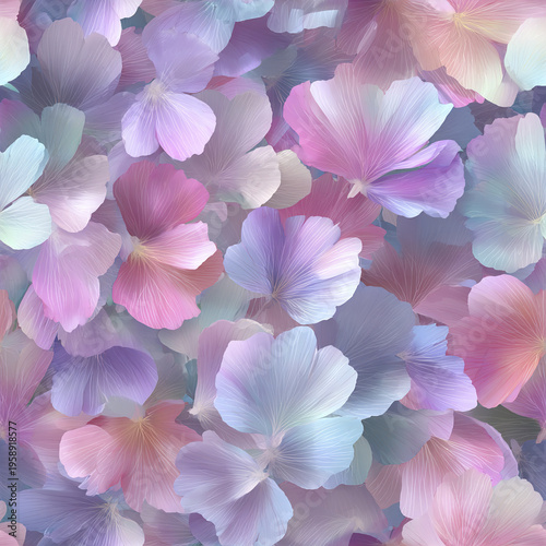 Soft pastel flower petals in shades of pink, purple, and blue create airy, delicate pattern with gentle, calming effect and intricate vein details on each petal