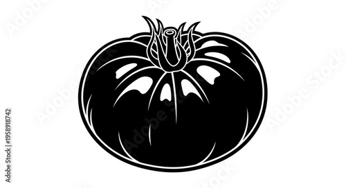 Black and white illustration of a ripe tomato isolated on white background