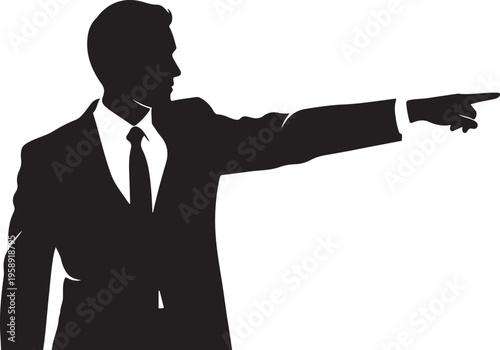 Businessman pointing silhouette, black suit icon, pointing man vector, corporate gesture