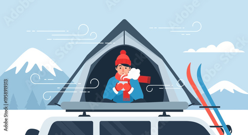 Cozy Winter Camping Escape Inside A Tent With Hot Beverage