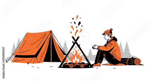 Cozy Winter Camping Scene Person By Campfire And Tent