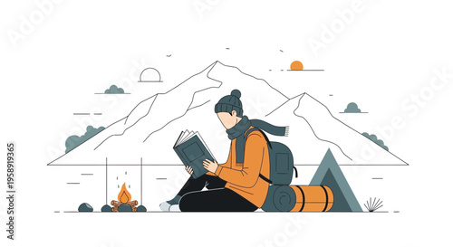 Cozy Winter Camping Scene With Person Reading By Fireplace