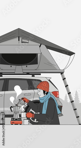 Cozy Winter Camping Scene With Rooftop Tent And Hot Coffee Preparation