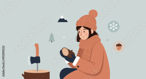 Cozy Winter Scene Of A Person Preparing Firewood With Axe And Wood