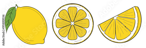 lemon fruit whole and slices isolated, Fresh and Juicy Lemon, white background.