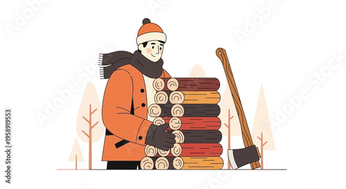Cozy Winter Scene With Man Holding Firewood And Axe