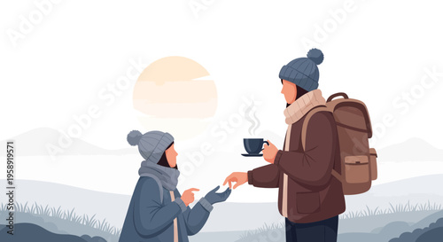 Cozy Winter Journey Companions Sharing A Warm Drink Outdoors