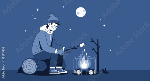 Cozy Winter Night Campfire Marshmallow Roasting Under The Moon And Stars