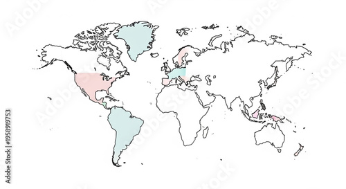 Colored world map with north and south america highlighted on white background for global concepts