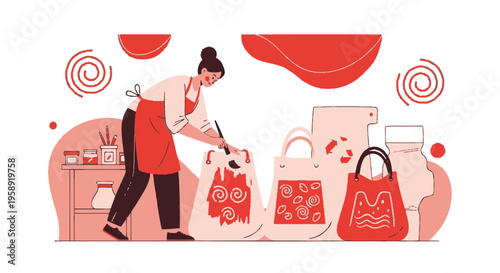 Creative Artisan Decorating Reusable Shopping Bags with Artistic Designs