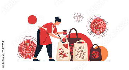 Creative Artisan Decorating Reusable Shopping Bags With Artistic Flair