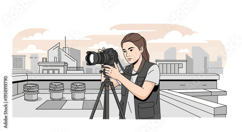 Creative Artist Capturing Cityscapes From A Rooftop Vantage Point