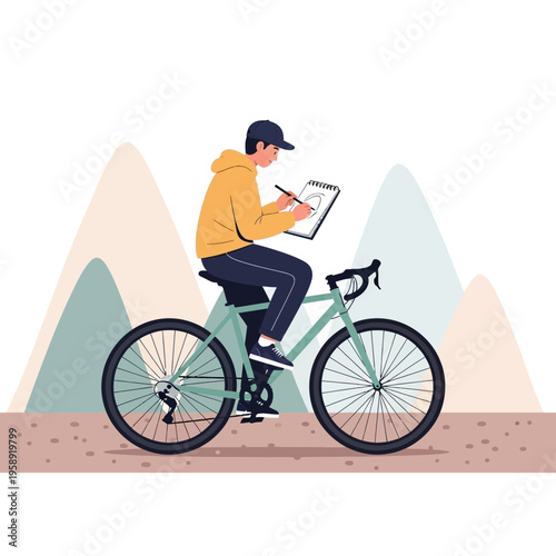 Creative Artist Cycling And Sketching Outdoors With Mountain Backdrop
