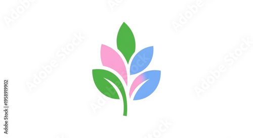 Colorful leaf logo with green pink and blue hues on white background symbolizing nature and growth