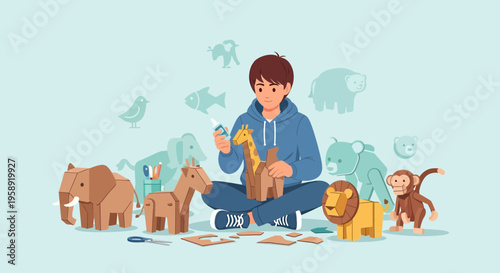 Creative Child Assembling Adorable Animal Diorama For Fun Activities