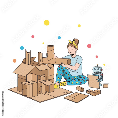 Creative Child Building Cardboard Castle With Toy Robot Friend Inspiration