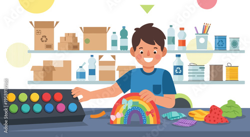 Creative Child Crafting a Rainbow Decoration with Recycled Materials