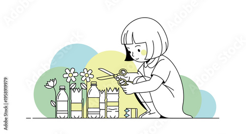 Creative Child Crafts Flowers From Recycled Bottles With Scissors