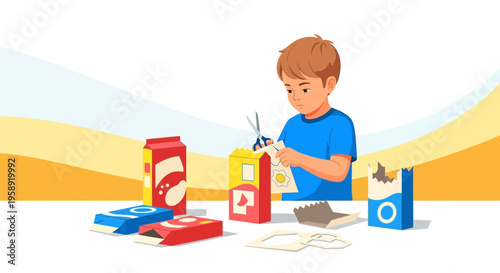 Creative Child Crafts With Recycled Cardboard Containers And Scissors