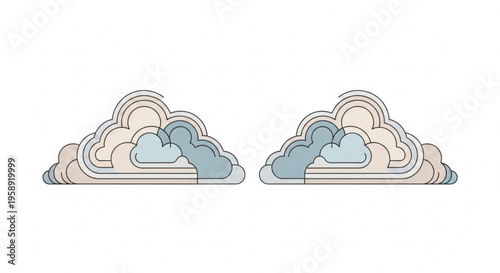 Colorful layered clouds with pastel rainbow hues on white background whimsical illustration