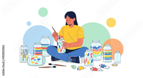 Creative Crafting Session Colorful Jars And Art Supplies Illustration