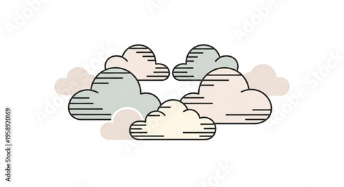 Soft colored cartoon clouds with black outlines float in the air on a white background conveying a serene atmosphere