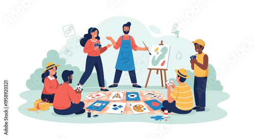 Creative Gathering Friends Enjoying Art Cards and Outdoor Painting Fun