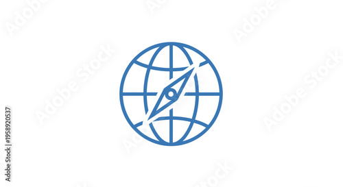 Blue globe and compass navigation icon on white background