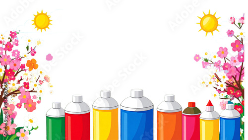 Vector illustration of cartoon paint cans and paint tubes.