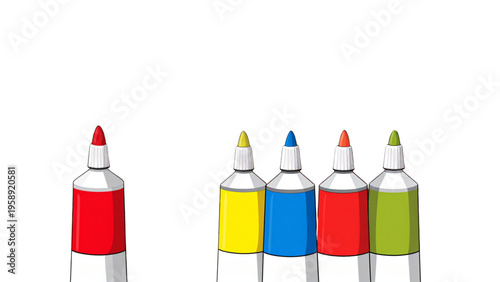 Vector illustration of cartoon paint cans and paint tubes.