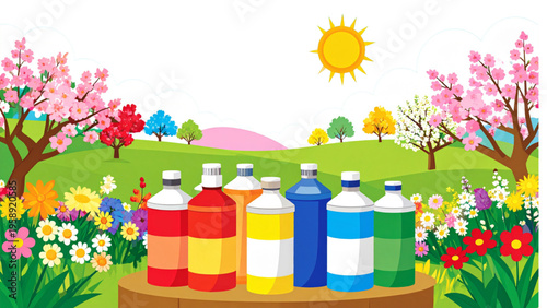 Vector illustration of cartoon paint cans and paint tubes.