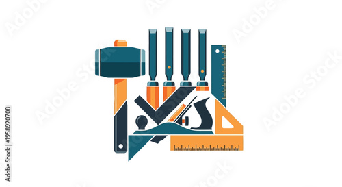 Craftsman's carpentry tools with hammer, chisels, and plane