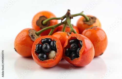 Several ripe guarana fruits on a white background. One fruit is split open revealing black seeds. This exotic fruit is known for its stimulant properties.